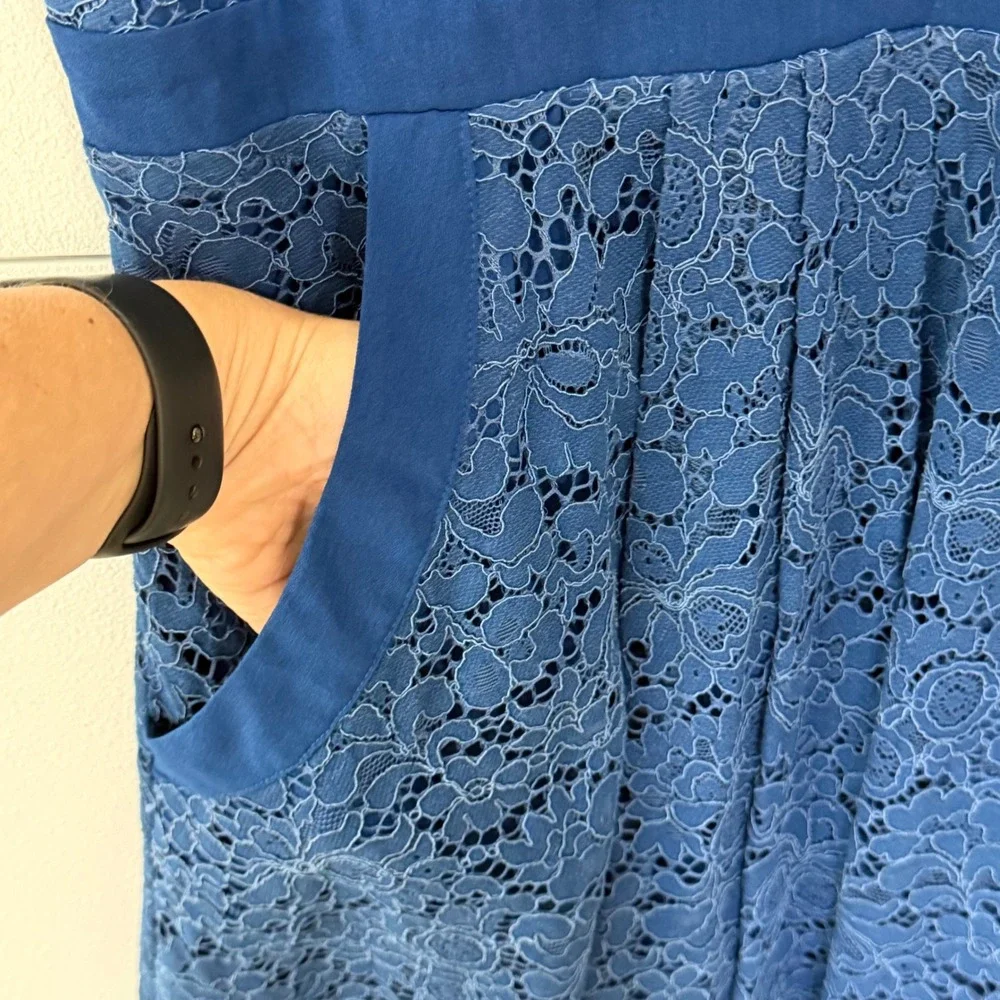 Free People Lovely In Lace Mini Dress L Blue Cutout Back Pockets Boho Coquette